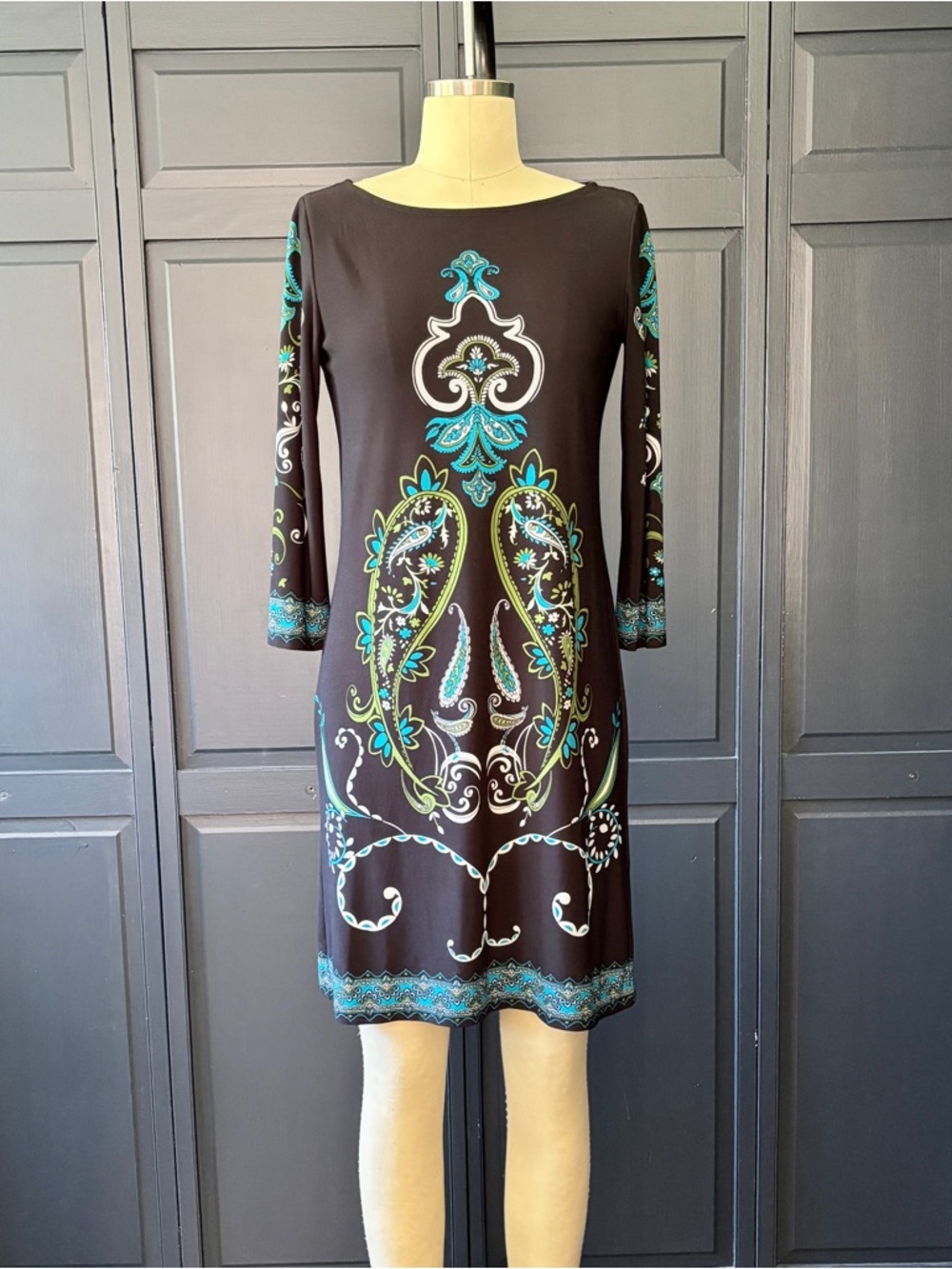 London Times Black Shift Dress with Teal and Lime Paisley Print